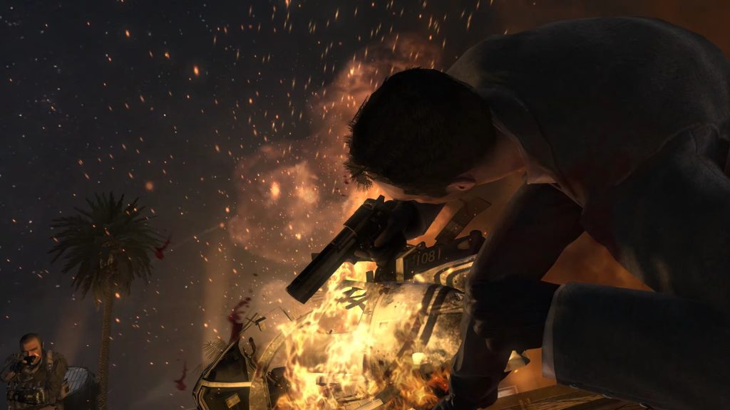 Yuri shoots Makarov then Makarov shoots Yuri back while Makarov's chopper burns in flames in the background.